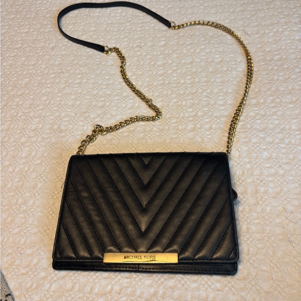 Michael Kors Quilted Chevron Black Crossbody Clutch with Gold Chain